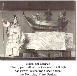 Kairai-shi Ningyo The upper half of the kairai-shi Doll falls backward, revealing a scene from the Noh play Fune Benkei.