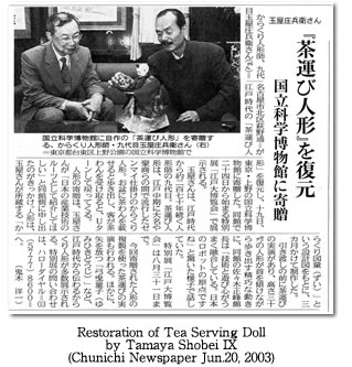 Restoration of Tea Serving Doll by Tamaya Shobei IX(Chunichi Newspaper Jun.20, 2003)