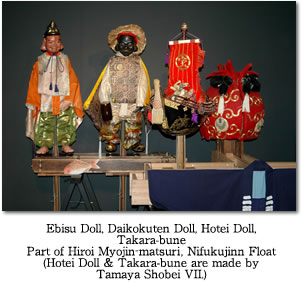 Ebisu Doll, Daikokuten Doll, Hotei Doll, Takara-bunePart of Hiroi Myojin‐ｍａｔｓｕｒｉ， Nifukujinn Float(Hotei Doll & Takara-bune are made by Tamaya Shobei VII.)